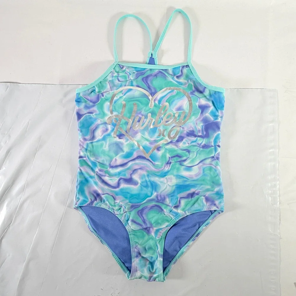 Hurley Girls Tie Dye One‎ Piece Swimsuit Silver Heart Logo Size 7/8 Blue Green
